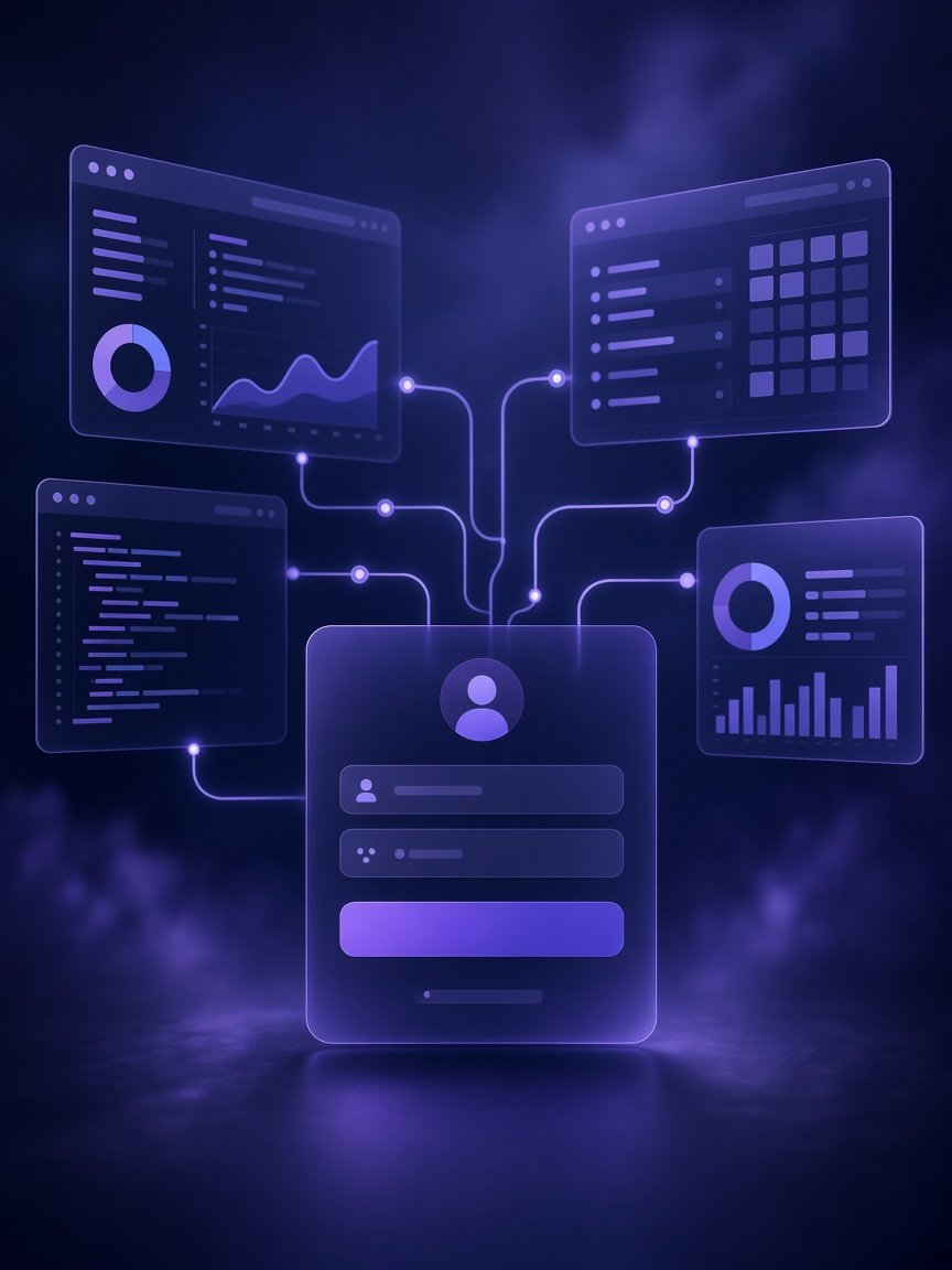 Software apps, websites, and automation flows in violet light